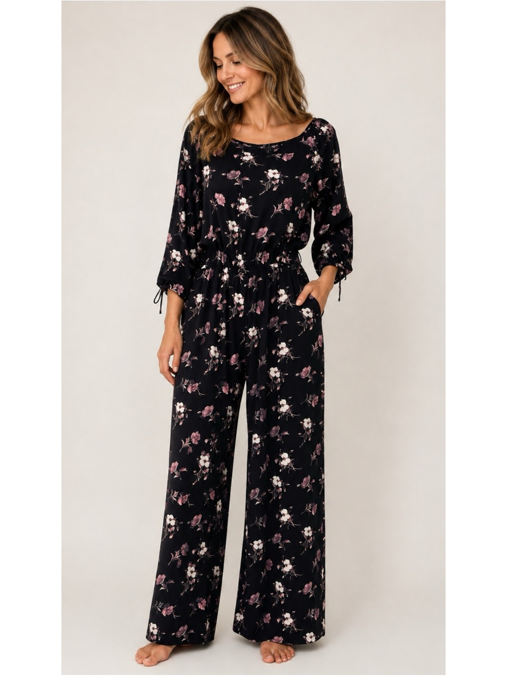 Mimi Chica Black Floral Wide-Leg Jumpsuit with Pink and Cream flowers